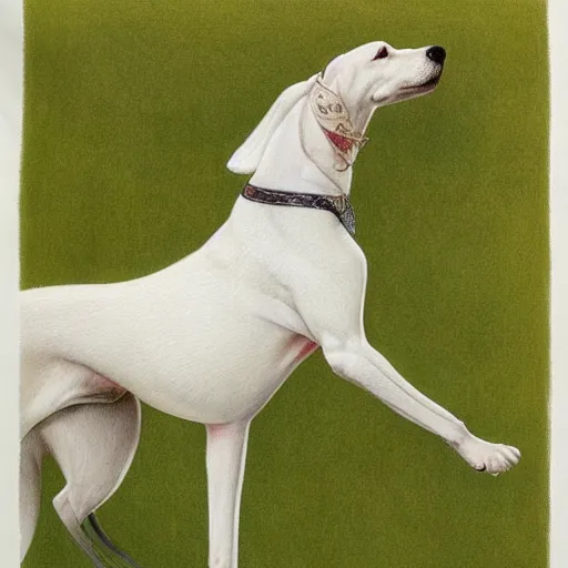 Image similar to Portrait of an White Greyhound mixed with a horse. Very high quality. Drawn by James Christensen