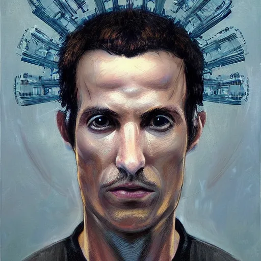 Image similar to surreal portrait of a man by Greg Rutkowski, symmetrical face, he is about 30 years old, short black hair with bangs, his features are a mix between French, Turkish and Russian, transformed into a kind of biomechanical transhuman god, uncany but fascinating, expression of epiphany and determination, cosmic void background, frightening, fascinating, highly detailed portrait, digital painting, book cover, artstation, concept art, smooth, sharp foccus ilustration, Artstation HQ