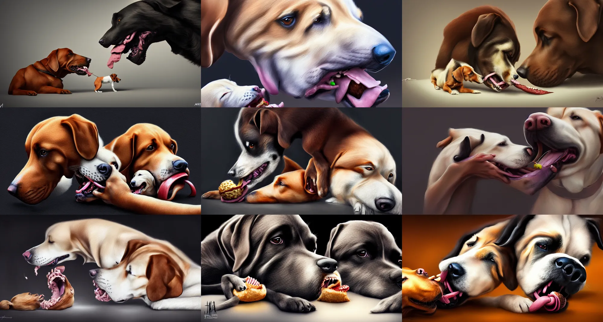 Prompt: a digital painting of a very large dog eating a tiny dog, wide open drolling mouth, hyperealism, award winning, stunning, trending on art station, highly detailed, cinematic lighting, 8 k, hd