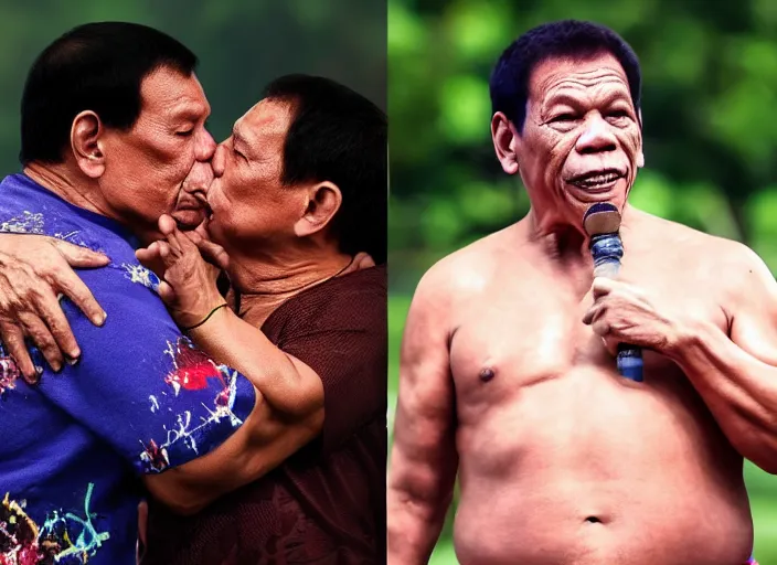 Image similar to rodrigo duterte and thanos kissing each other in luneta park, real life photograph, award winning photograph, 4 k