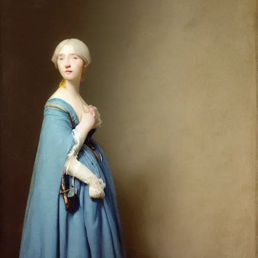 Prompt: a young woman’s face, her hair is white and she wears a cobalt blue cloak, by ivan aivazovsky and pieter claesz and paul delaroche and alma tadema and august malmstrom and and willen claesz heda and aelbert cuyp and gerard ter borch, contrapposto, hyperrealistic, volumetric light, rendered in octane, c4d