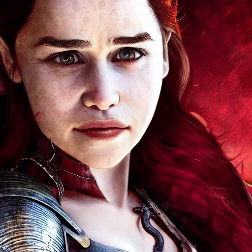 Prompt: emilia clarke, as a medieval fantasy character, with dark reddish hair, wearing light, silver armor and red clothing, tan complexion, holding a longsword, smiling, noble, cinematic, gloomy, realistic, digital art, character art, 8 k