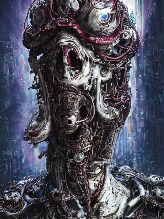 Prompt: portrait art of 8k ultra realistic undead eldritch horror ghost in the shell , detailed intricate ornate armour,decaying, cybernetic, full of colour, cinematic lighting, battered, trending on artstation, 4k, hyperrealistic, focused, extreme details,unreal engine 5, cinematic, masterpiece, art by ayami kojima, giger