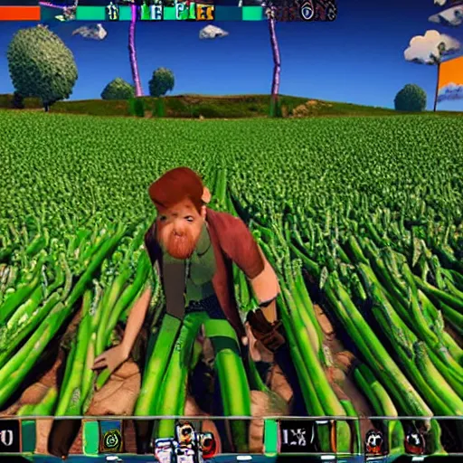 Image similar to 3d video game gameplay of man in field of giant asparagus