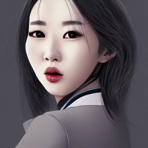 Image similar to portrait of a beautiful korean girl wearing a men's tuxedo, with long hair and bangs, angular features, angry expression, digital art, elegant pose, detailed illustration