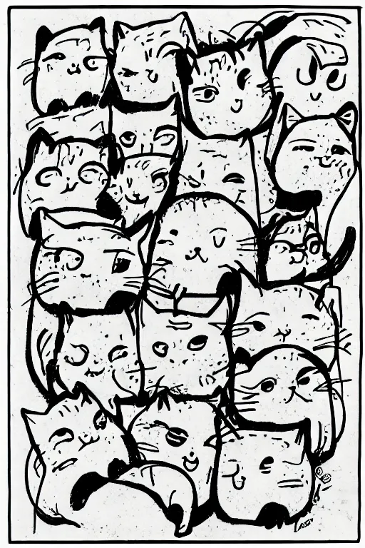 Prompt: cartoon sketch of a thousand angry cats, cute drawing