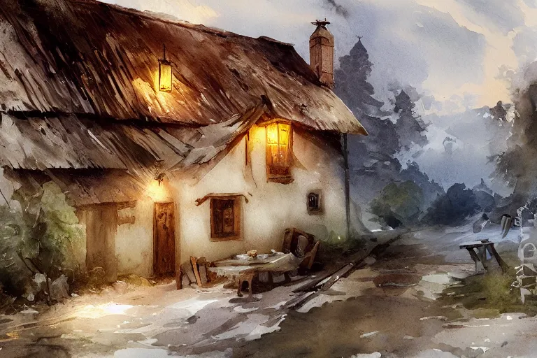 Prompt: paint brush strokes, abstract watercolor painting of rustic village house, interior closeup, medieval straw roof, scandinavian viking age, ambient lantern lighting, art by hans dahl, by jesper ejsing, art by anders zorn, wonderful masterpiece by greg rutkowski, cinematic light, american romanticism by greg manchess, creation by tyler edlin