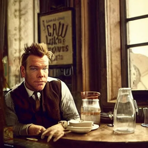 Image similar to ewan mcgregor is sitting at table in a cafe at paris in early 2 0 th century. next to him is a brown cat licking milk from little saucer, atmospheric feeling, warm colours, brown colours, yellow colours, epic scene, cinematic, very detailed