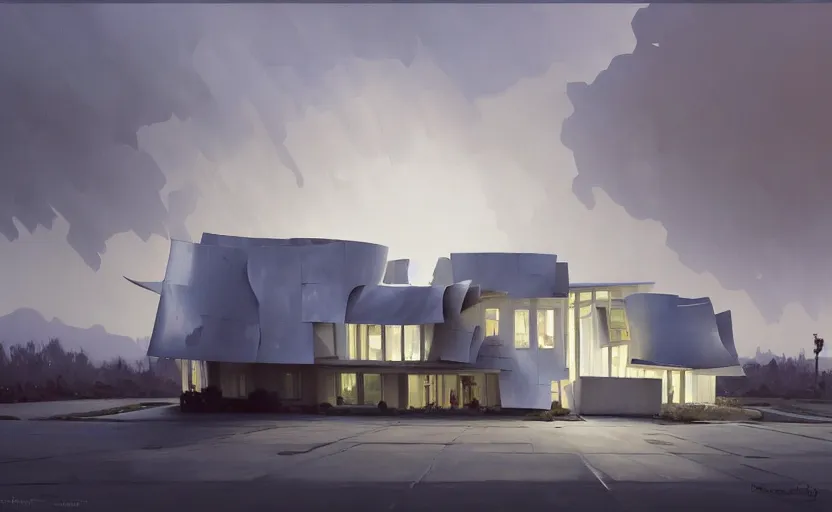 Prompt: painting of a wide angle exterior shot of a white modern architecture with cinematic lighting by frank gehry and renzo piano, darek zabrocki and greg ruthkowski, alphonse mucha, simon stalenhag and cinematic and blue cold atmospheric, archillect concept art, artstation, trending on artstation