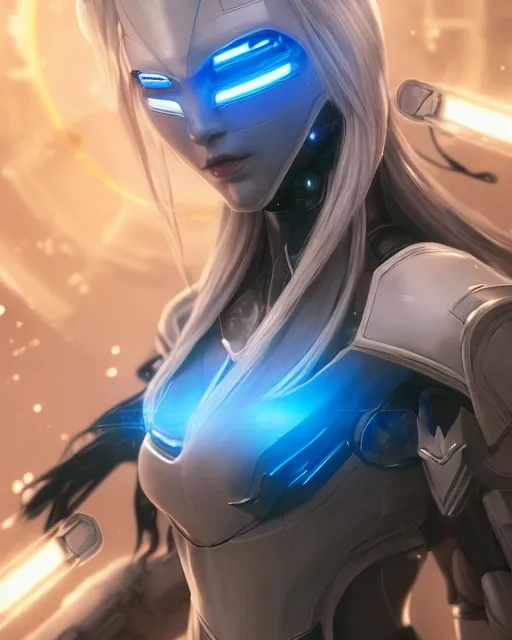 Image similar to perfect android girl on a mothership, warframe armor, beautiful face, scifi, futuristic, galaxy, nebula, raytracing, dreamy, long white hair, blue cyborg eyes, sharp focus, cinematic lighting, highly detailed, artstation, divine, by gauthier leblanc, kazuya takahashi, huifeng huang