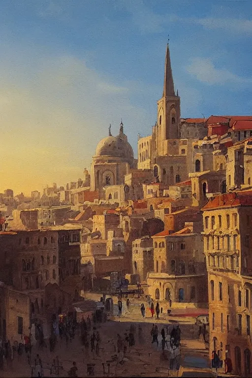 Prompt: painting of view of old European city with mix of middle eastern architecture fusion, photoreal, sunset light, painting by Charles Leickert , old master painting