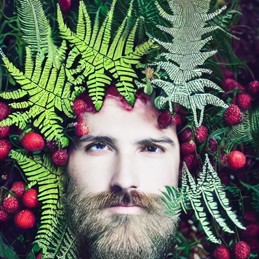 Prompt: a male knight with beard, stern face, clear eyes, shining armour made of steel, and fractal flowery hair in a fractal garden, glowing delicate flower, berries and ferns that grow in a dark flowering fantasy forest, full frame,