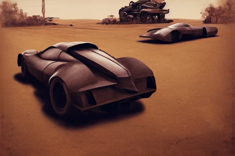 Image similar to hypercar in mad max, painted by hector garrido and derek riggs, trending on artstation, volumetric lighting rear view profile picture, daguerreotype, still life, figurativism, socialist realism