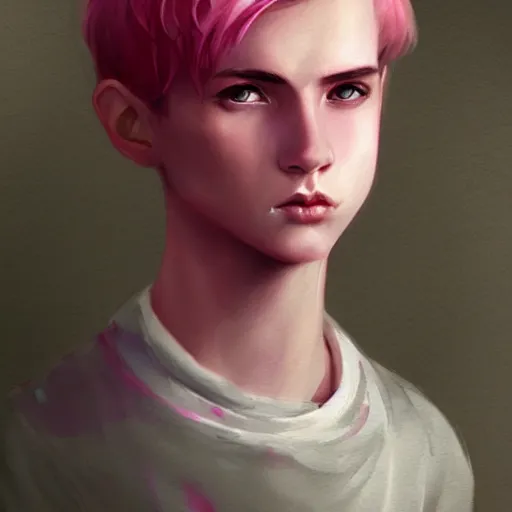Prompt: teen boy, pink hair, pink eyes, elegant, georgeus, bust portrait, watercolor, high detalied, digital art, artstation, by charlie bowater