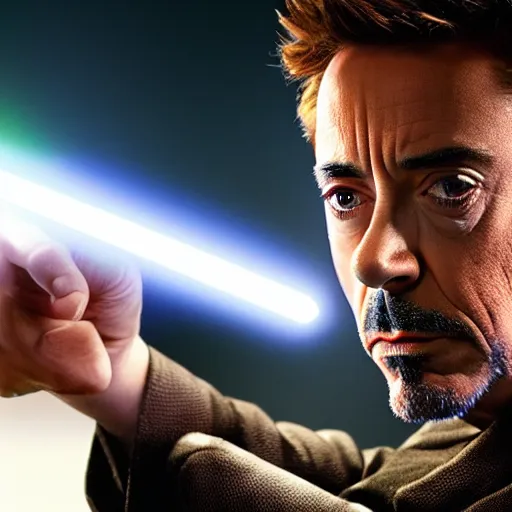 Prompt: Robert Downey Jr holding a lightsaber dramatically, 4k, very detailed, backlit