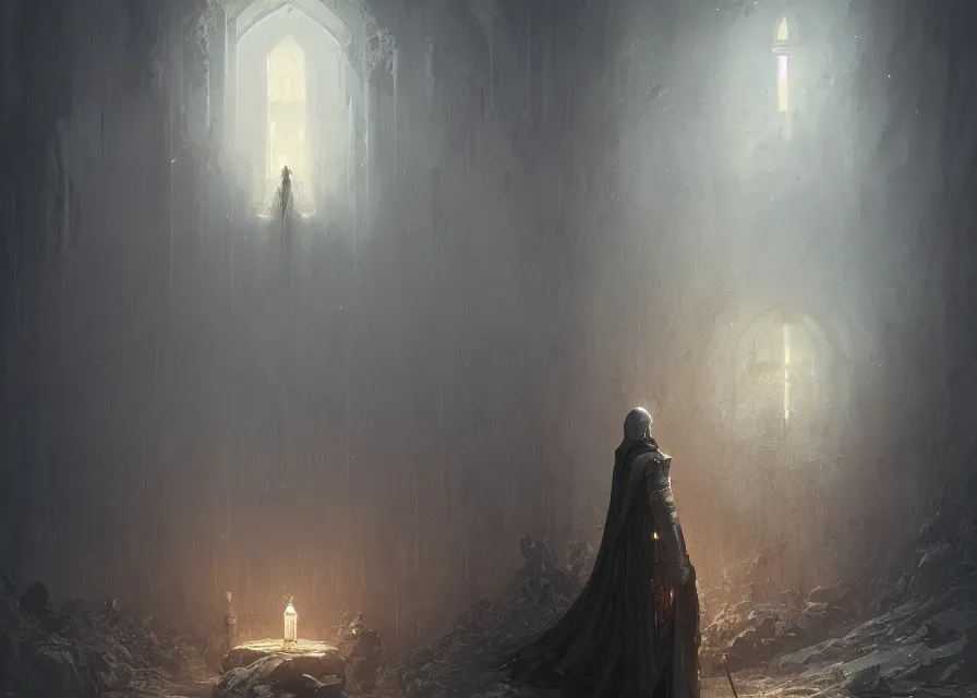 Image similar to Lonely knight praying, lit by the light of gods, abandoned by gods, hyperdetailed artstation cgsociety by greg rutkowski and by Gustave Dore