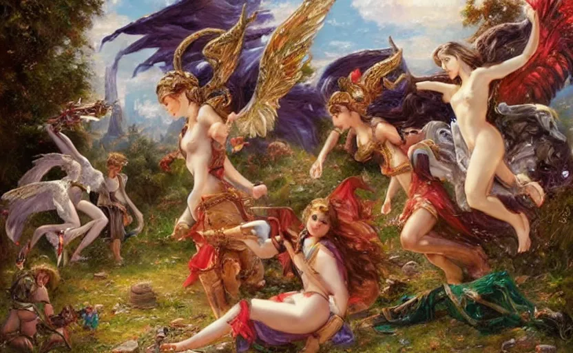 Image similar to The epic battle of elves and angels on the ancient ruins. By Konstantin Razumov, highly detailded