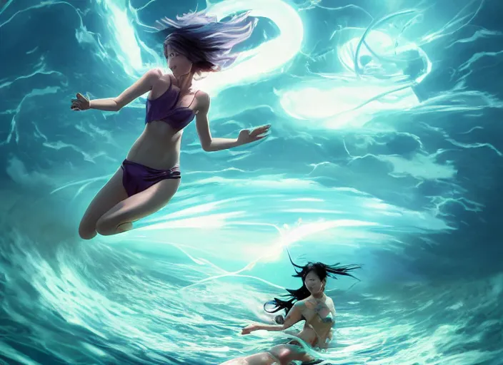 Image similar to seductive lee jin - eun running on water at super speed, emerging from multiversal galactic portal, splashes of lightning behind her, zooming past a small island, by ilya kuvshinov and peter mohrbacher and ruan jia, and m. k. kaluta, rule of thirds, coherent symmetry, masterpiece, beautiful, majestic, beautiful eyes