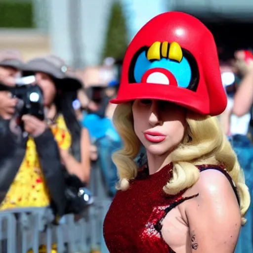 Prompt: lady gaga wearing a super mario hat