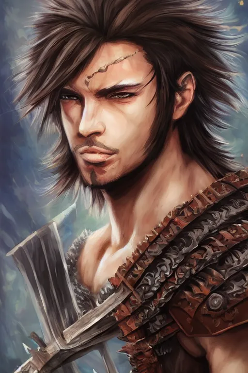 Prompt: A realistic anime portrait of a young handsome male barbarian with long wild hair, intricate fantasy spear, plated armor, D&D, dungeons and dragons, tabletop role playing game, rpg, jrpg, digital painting, by Ayami Kojima, digtial painting, trending on ArtStation, SFW version