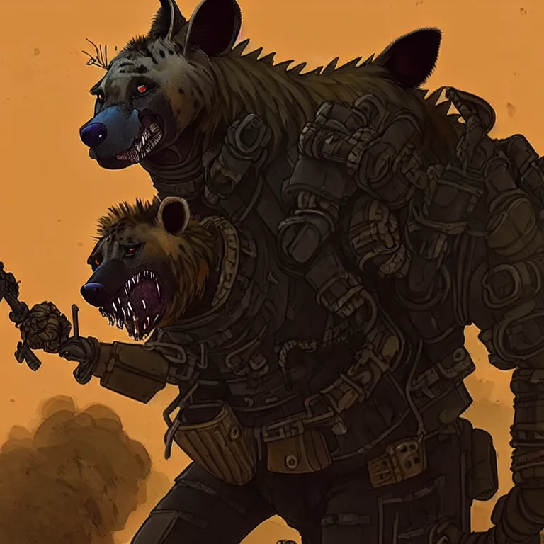 Image similar to a good ol'hyena fursona ( from the furry fandom ), heavily armed and armored facing down armageddon in a dark and gritty version from the makers of mad max : fury road. witness me.