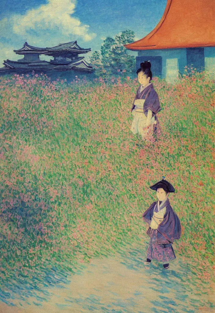 Image similar to tiny samurai in front of a futuristic japanese country side landscape, edo era house in the background, blue sky, magnificient clouds, lofi vibe, vivide colors, amazing light, really beautiful nature, oil painting, impressionist style, by claude monet, by ghibli, abstract kandinsky elements, multiple brush strokes, masterpiece