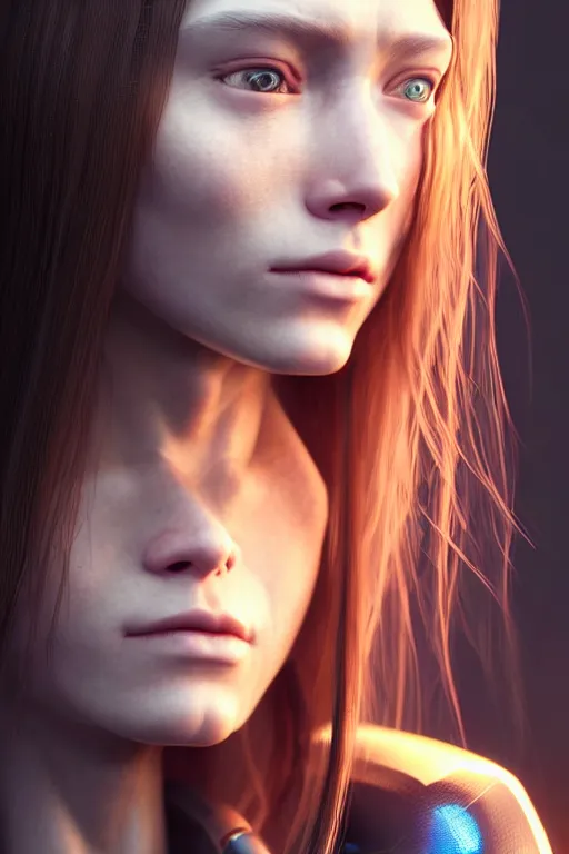 Image similar to a portrait of a beautiful 28th century super cool post-human female very young with long hair, barely human and largely biomechanical cyberpunk, hyper-realistic, very detailed unreal engine, by Artgerm, WLOP and Ross Thran, dramatic cinematic lighting rendered by octane, 8k, detailed, trending on artstation, deviantart google images, pinterest