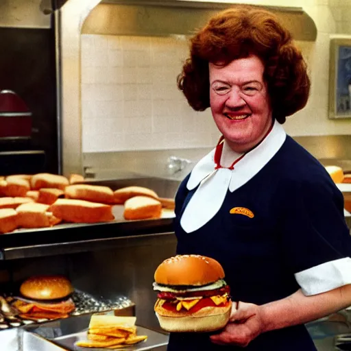 Image similar to color photo of julia child working at burger king