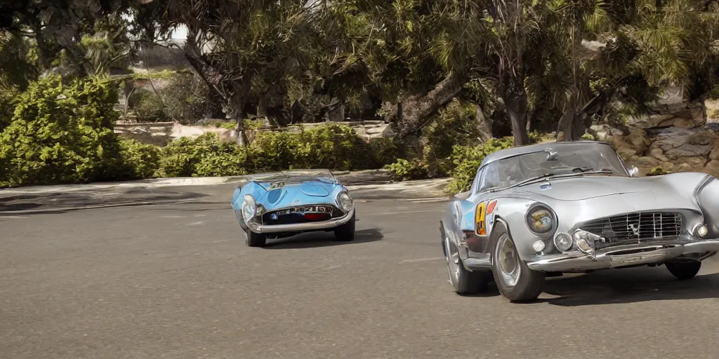 Image similar to photograph, 1958 FERRARI 250 GT, by Peter Singhof, press release, cinematic, Pacific Coast Highway, 8k, depth of field, bokeh.