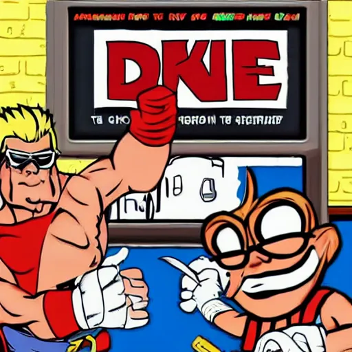 Prompt: Duke Nukem teaching kids to spell on Seseme Street