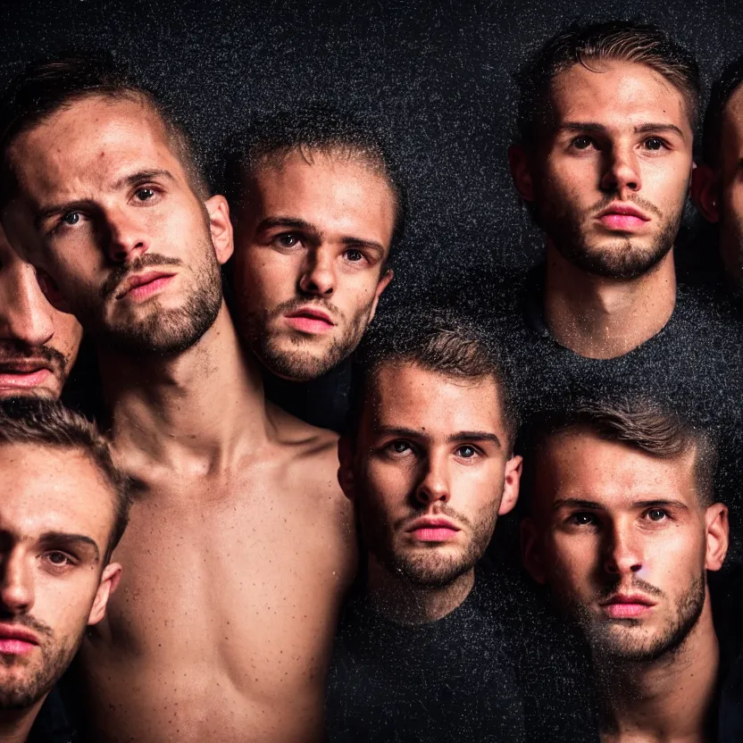 Image similar to four men's faces, hard top lighting, darkest room, cross composition