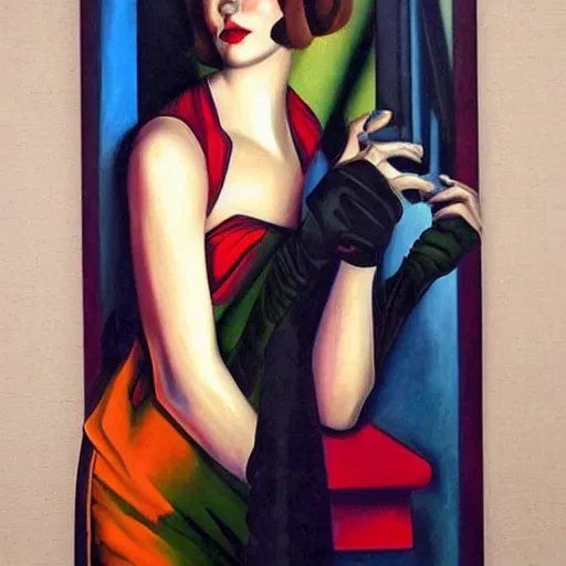 Image similar to hyperrealistic scary beautiful maniac deformed artnouveau woman portrait of deep layers of fear sharp focus in style of tamara de lempicka