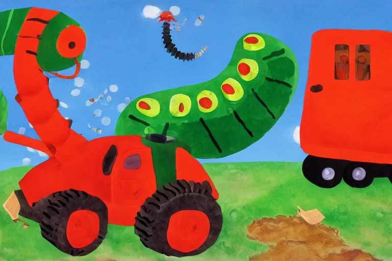 Prompt: A Very Hungry Caterpillar Hydraulic Excavator Eric Carle children's book illustration