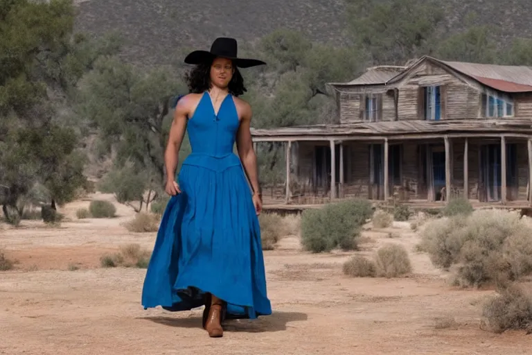 Image similar to 4 k still of tessa thompson wearing a blue dress on an old west plantation in westworld, detailed, photorealistic