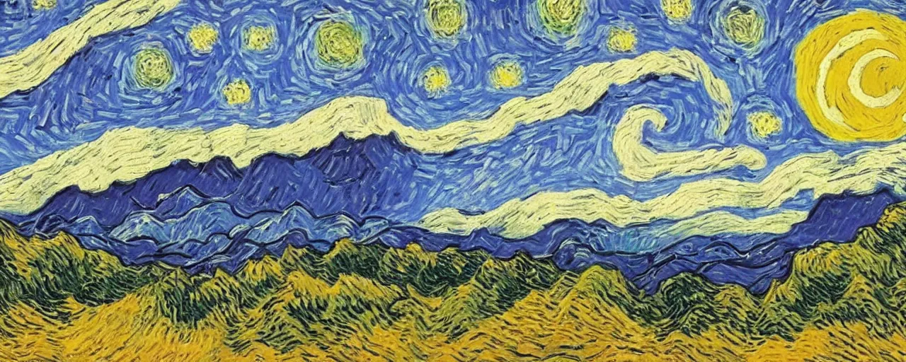 Image similar to landscape, mountain range in foreground, sky, style of Van Gogh starry night, atmospheric, small man in center standing on mountain, mist in valleys