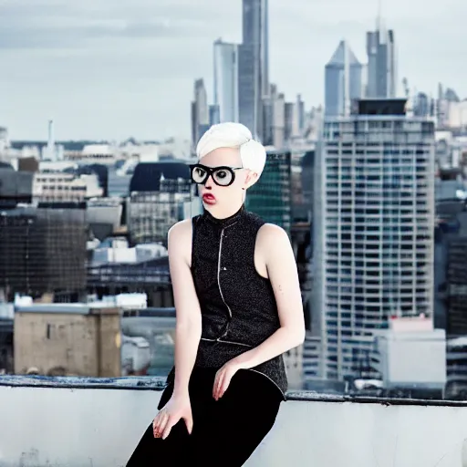 Prompt: young woman with short white hair. black horn rimmed glasses. apathetic expression. sitting on rooftop ledge, overlooking city skyline. Fashion shoot. Fashion magazine. Vogue.