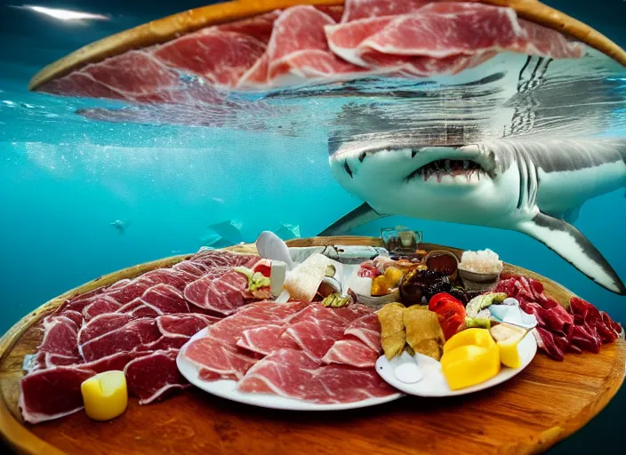 Prompt: underwater photo still of a great white shark looking at a charcuterie platter, 8 k