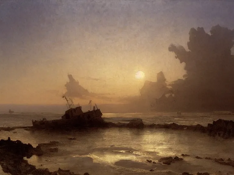 Image similar to an oil painting of a coastline at dawn, with an old shipwreck on a serene beach, beautiful sky by beksinski carl spitzweg and tuomas korpi. baroque elements, full-length view. baroque element. intricate artwork by caravaggio. Trending on artstation. 8k