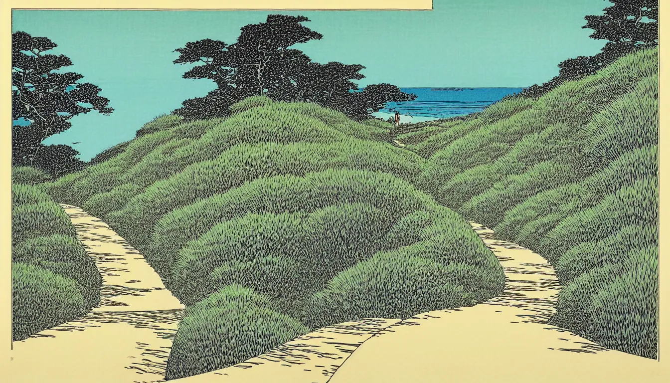 Prompt: path down the hill to the beach by woodblock print, moebius