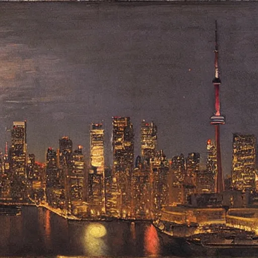 Image similar to toronto at night, painting by diego velazquez, very detailed