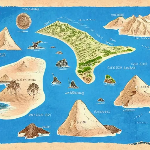 Image similar to imaginary map of an island, drawing of different elements in the lands, different realms, blueprint, infographic, on paper, natural colors, desert + sea + mountain + volcano + city + jungle, vintage, with notes, highly detailed, trending on artstation, fantasy art