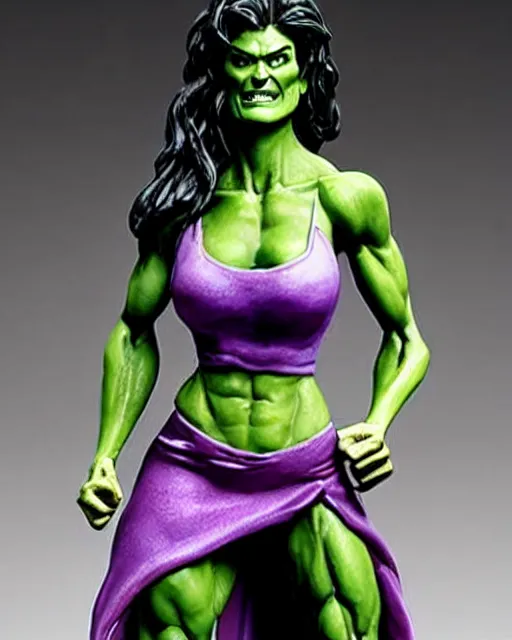 Prompt: cu of a maquette sculpture of angie harmon as the sensational she hulk, she is wearing a silk lace white top and a purple skirt, she is tall, very fit and extremely muscular, she has green skin all over her body, long black shiny hair, hyperreal, highly detailed, in the style of sideshow collectibles, the hulk, marvel, soft focus, bokeh