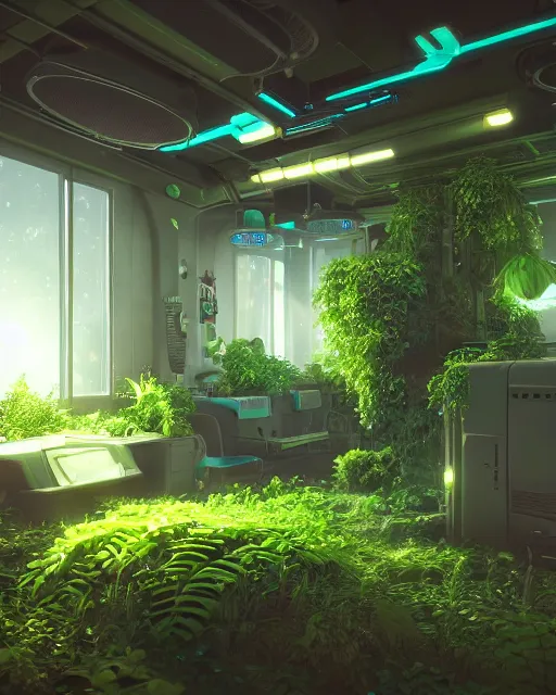 Prompt: Solarpunk gaming PC, futuristic utopia, scifi, green plants, blue light, small room, fine details, atmosphere, glow, extreme realistic, trending on artstation