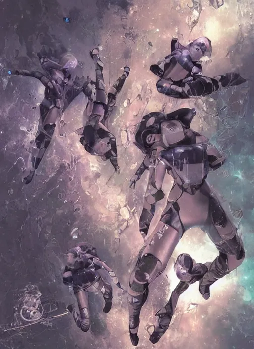 Image similar to astronauts girls in dark void underwater - complex and hyperdetailed technical suit design. reflection and dispersion materials. rays and dispersion of light. volumetric light. f / 3 2. noise film photo. flash photography. ultra realistic, wide angle. poster by wayne barlowe, hajime sorayama aaron horkey, craig mullins