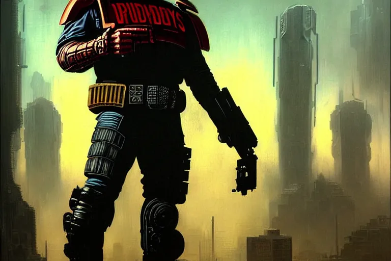 Prompt: portrait of david duchovny as judge dredd in megacity one. cyberpunk artwork, dystopian. dirty, grime. 4 k digital art, 8 0's style. tomasz alen kopera, peter mohrbacher, donato giancola, boris vallejo, drew struzan realistic detailed oil painting, urban horror, frank frazetta, brian bolland