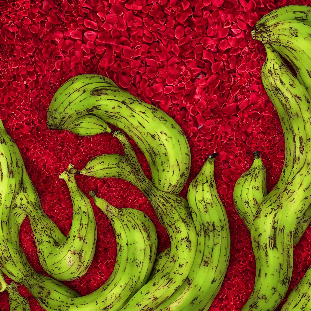 Image similar to high fashion haute couture scaled bananas, and form a complex fractal vegetable foliage, with red petals and shiny stems, mesh roots, hyper real, food photography, high quality