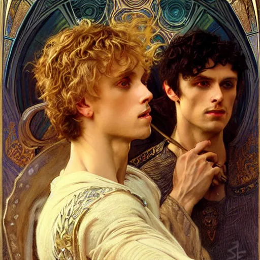 Image similar to arthur pendragon and merlin. focus on their faces. highly detailed painting by gaston bussiere, j. c. leyendecker, alphonse mucha, greg rutkowski, 8 k