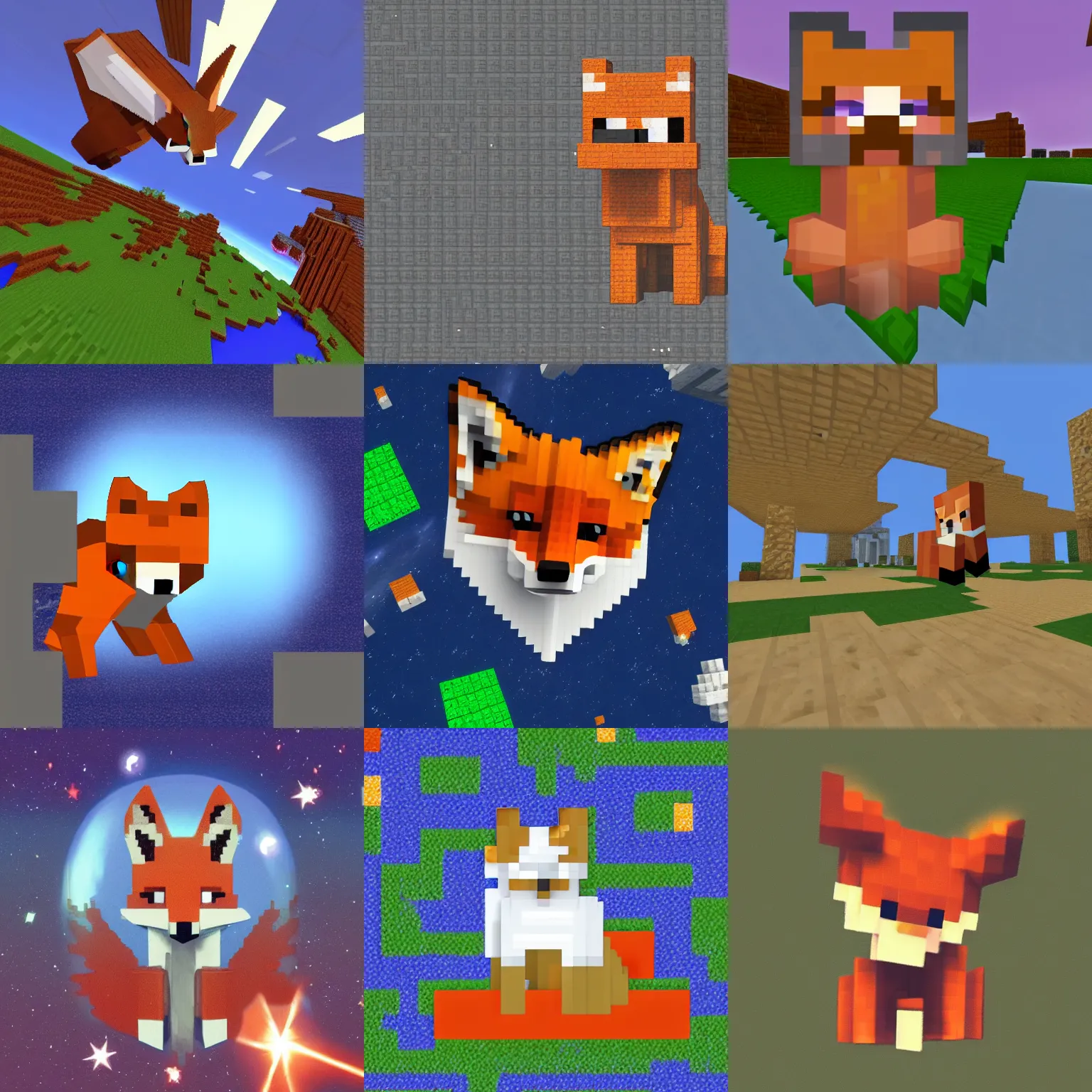 Prompt: fox from minecraft floating in space near christian crunch