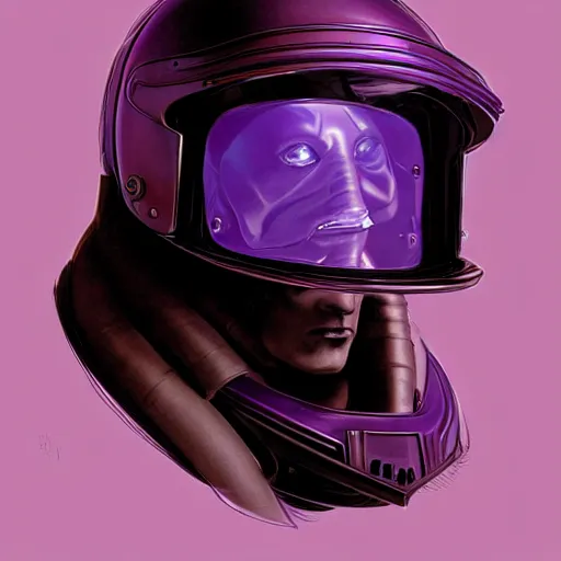 Image similar to self portrait of a humanoid raven with a helmet in the shape of a beak. purple and black body armor, digital art, realistic, ultradetailed, concept art in the style of Science Fiction. art by Syd Mead and Moebius, trending on artstation, devianart, cgsociety