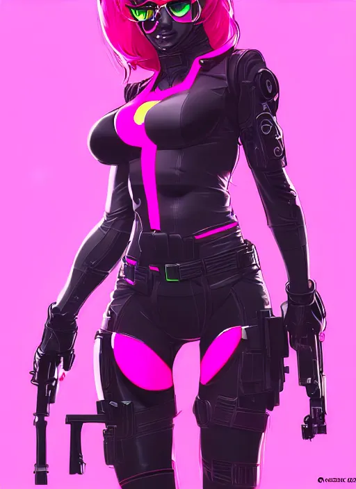 Image similar to female boss, wide angle view, neon pink and black color scheme, highly detailed, artgerm, cushart krenz, metal gear solid style, trending on artstation, soft light, sharp focus, illustration, character design, concept art